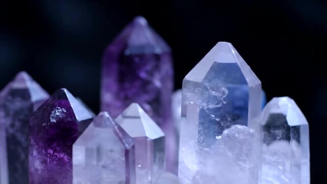Macro shot of a cluster of amethyst and clear quartz crystals.