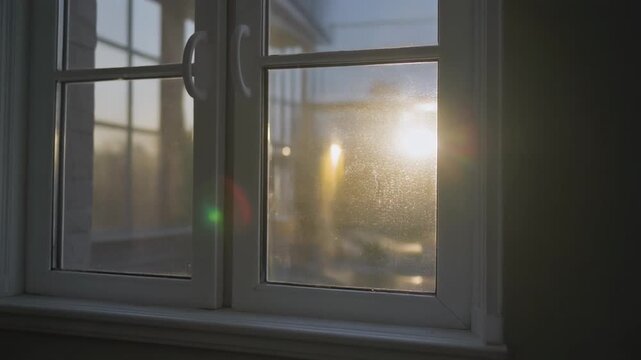 Sunlight streams through a wet window pane reflecting on the surrounding architecture and landscape