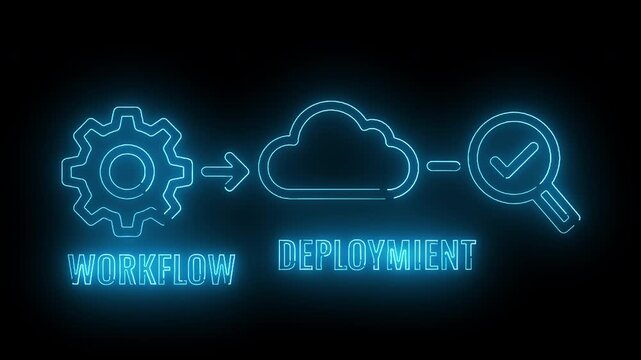 Neon-lit illustration of workflow deployment process with gear, cloud, and magnifying glass icons on black background.