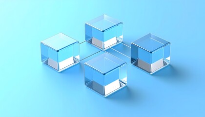 Obraz premium Isometric 3D render of transparent glass cubes connected by lines on a blue background. Representing blockchain, data infrastructure, and digital network connectivity.