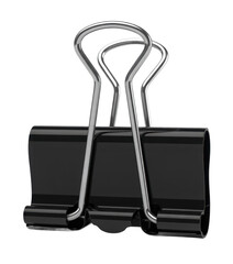 Black binder clip with metal springs isolated on a transparent background