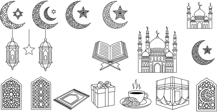 Islamic Ramadan icon set with mosque, crescent moon, lantern, Quran, Kaaba, prayer mat, dates, gift, window, black outline vector illustrations.
