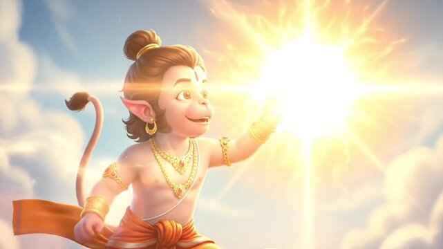 beautiful painting of Hindu god hungry young baby Hanuman thought that the sun was a fruit and flew up to snatch it, for Hindu festival Hanuman Jayanti, Ramnavmi related concept