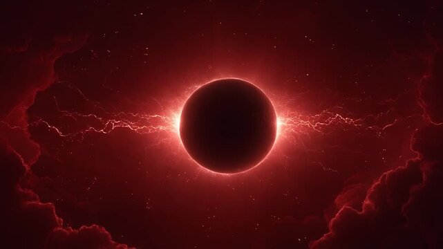 Dramatic red celestial body surrounded by clouds and glowing light