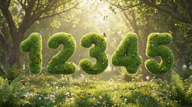 Green Numbers 1-5 covered in grass and moss in a lush forest with butterflies