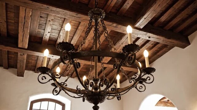Ornate wrought iron chandelier hangs from rustic wooden beamed ceiling
