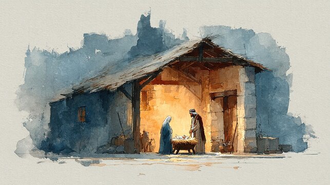 Nativity scene in Bethlehem watercolor painting showing holy family with baby Jesus in wooden manger Joseph and Mary together. 