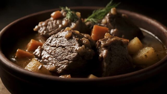 Close-up macro shot of tender slow-cooked beef stew with carrots and potatoes in a rich brown gravy, served in a rustic terracotta bowl under dramatic, moody lighting.