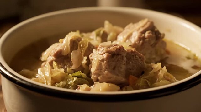 Serving Traditional Hearty Meat and Cabbage Stew from a Pot. Close-up of Rich Chunks of Savory Food and Broth being Mixed with a Ladle.