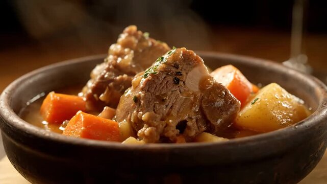 Piping Hot Hearty Meat Stew in Rustic Bowl with Steamed Braised Beef, Carrots, and Potatoes, Covered in Rich Brown Gravy, Perfect for Comfort Food Menus.