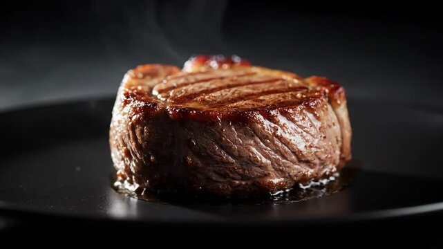 Close-up of a steaming hot, perfectly grilled beef fillet mignon steak with visible grill marks served on a modern black plate against a dark studio background.
