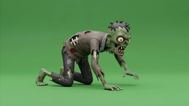 Creepy Cartoon Zombie Crawling on Green Screen Background