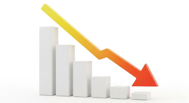 Downward Trend Depicted by a Falling Bar Graph and Arrow Symbolizing Economic Decline, Business Losses, and Negative Performance on a White Background