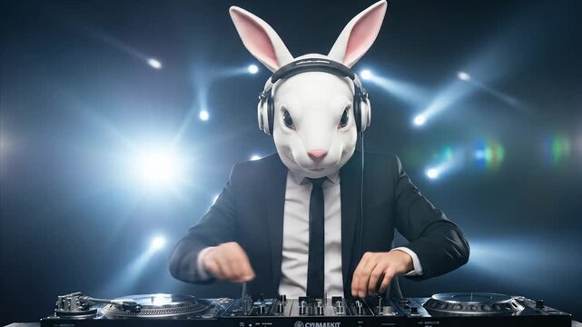 DJ Rabbit in Suit with Headphones Playing Music on Turntables at Nightclub Party