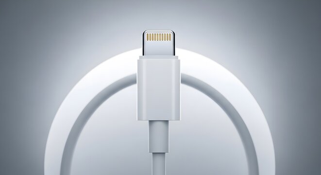 A close-up view of a white iPhone charging cable against a sleek gray background