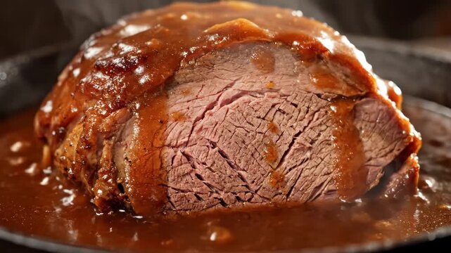 Close-up of a perfectly cooked, tender pot roast beef covered in rich, thick brown gravy sauce served hot on a dark platter.
