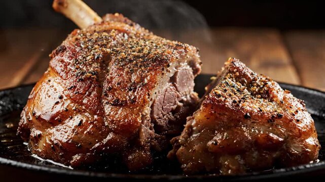 Close-up of steaming roasted meat shank, heavily seasoned with cracked pepper, served on a rustic cast iron skillet against a dark wooden background.