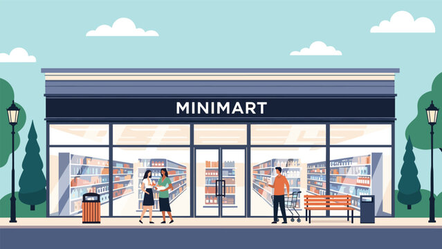 Modern minimart building features large glass windows showing interior shelves and customers with outdoor benches on a bright sunny day.