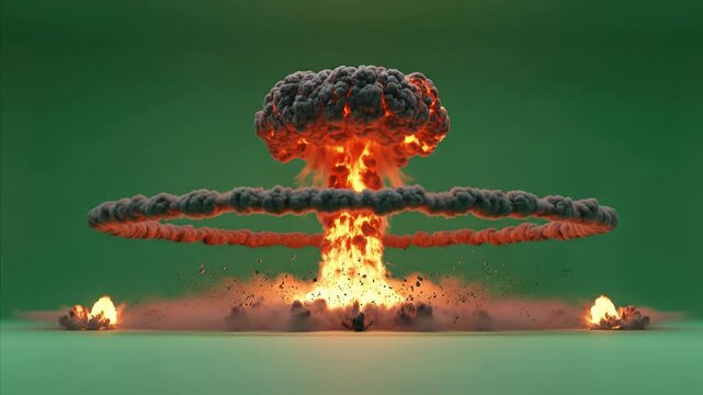 Massive nuclear mushroom cloud explosion with fiery blast on green screen background