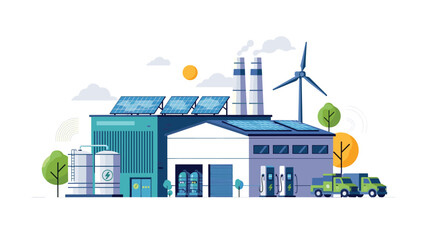 Obraz premium Innovative warehouse facility illustration showcases rooftop solar panels and wind turbines alongside electric cargo trucks.