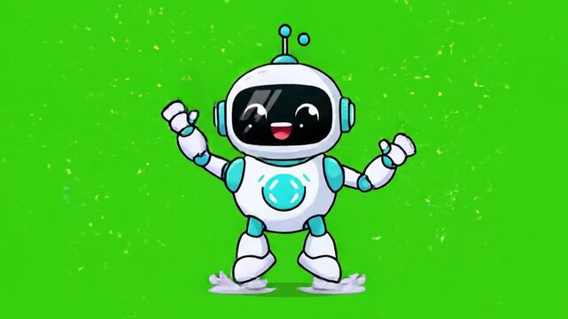 A cartoon-style robot with a white body, blue accents, black face, and a happy expression, set against a bright green background