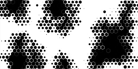 Abstract black and white hexagon clusters arranged in a honeycomb pattern with a halftone dispersion effect.