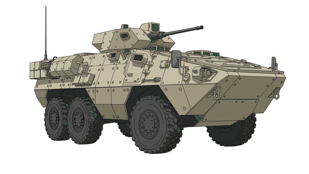 Desert tan armored military vehicle featuring a rotating cannon turret and various external storage compartments on white background.