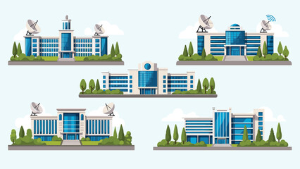 Collection of modern research facility icons with large satellite dishes, antennas, and glass facades for advanced communication.