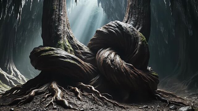 Intertwined ancient trees with roots in a dark forest