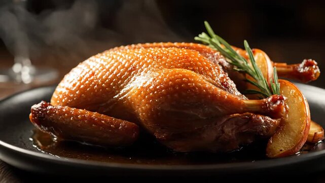 Steaming Whole Roasted Duck or Chicken with Crispy Golden Skin, Garnished with Fresh Rosemary and Side Dish, Served Hot on a Dark Plate.