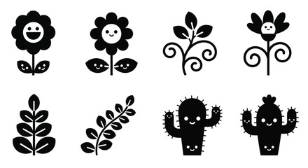 Obraz premium Eight black and white illustrations of various flowers and plants.