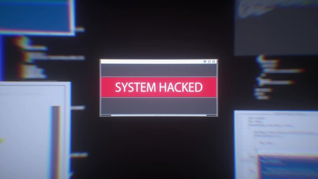 Cybersecurity Breach Alert System Hacked Warning on Computer Screen with Urgent Red Message Indicating Data Vulnerability and Security Compromise Amidst Multiple Code Windows Displaying Chaos