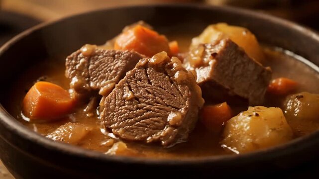 Hearty Homemade Beef Stew Close-up. Rustic Bowl Filled with Tender Meat Chunks, Potatoes, and Carrots in Savory Brown Gravy. Classic Comfort Food Dinner.