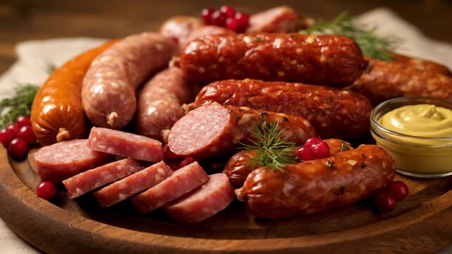 Rustic platter of assorted cold cuts and smoked sausages, garnished with fresh cranberries and dill, served alongside mustard on a wooden board.