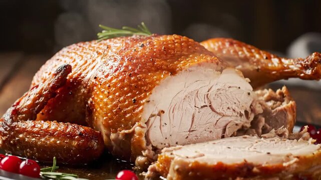 Close-up of perfectly roasted and carved turkey or chicken, basted with golden brown crispy skin, garnished with fresh rosemary and cranberries for a holiday feast.