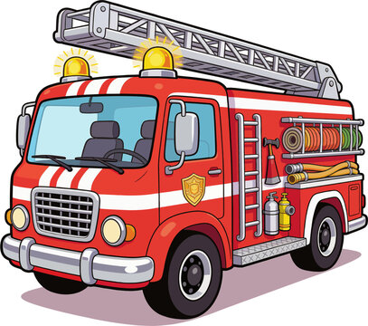 Adorable Cartoon Fire Truck with Sirens Extending Ladder Hoses Oxygen Cylinders Gold Shield Badge, Kids Emergency Rescue Vector