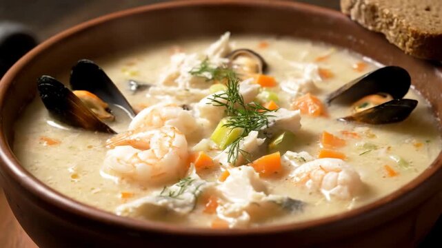 Close-up of rich and creamy seafood chowder with shrimp, mussels, white fish, carrots, and fresh dill served in a rustic earthenware bowl.