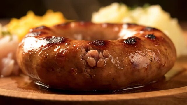 Close-up Macro Shot of Grilled Coiled Sausage with Char Marks Served on a Wooden Plate, Showing Juicy Texture and Delicious Filling