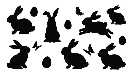 Black silhouettes of bunnies and eggs on white background isolated on white background, Vector