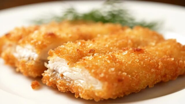 Close-up of crispy golden deep-fried fish fillet pieces cut in half, showing the moist white flesh and crunchy breading on a serving plate.