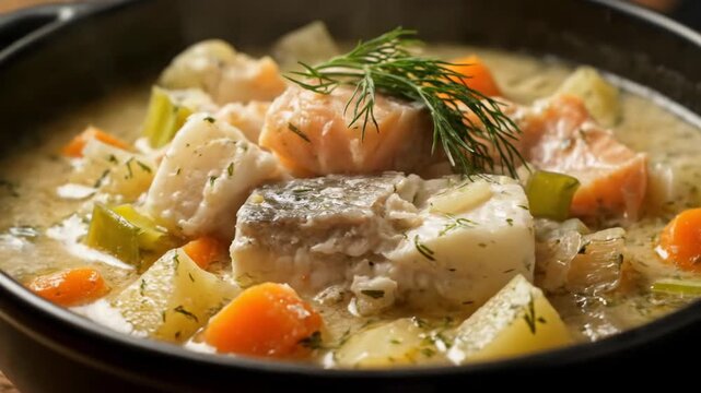 Delicious traditional Finnish or Nordic fish stew (Lohikeitto) served steaming hot in a black bowl, featuring large chunks of salmon, white fish, potatoes, carrots, and fresh dill.