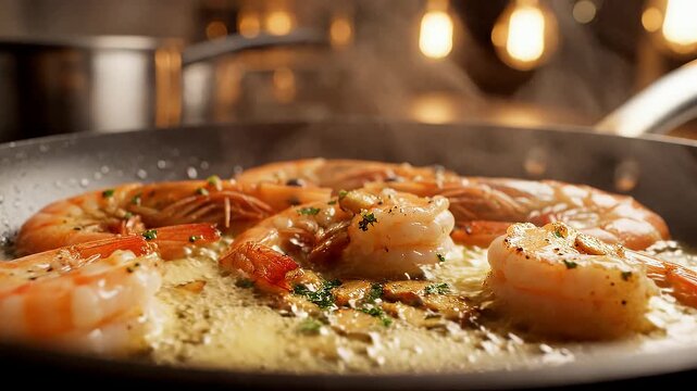 Sizzling garlic butter prawns macro. Vibrant orange, golden butter. Cinematic lighting, aromatic steam