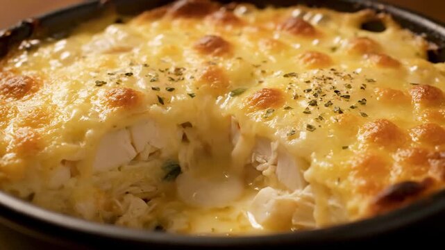Close-up of Luxurious Seafood Gratin or Chicken Casserole Covered in Melted Golden Bubbly Cheese and Herbs, Comfort Food Concept
