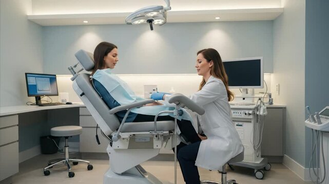 Doctor consulting patient in modern gynecologist examination room