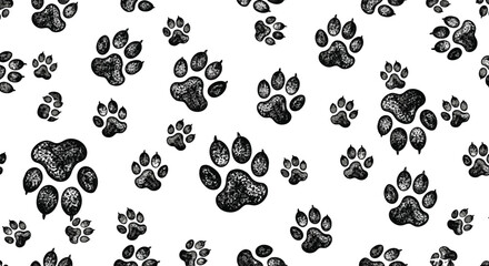 Fototapeta premium Seamless Paw Print Pattern Grunge Animal Footprints Background Black Pet Track Vector Texture