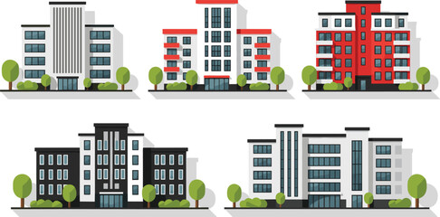 Fototapeta premium Stylish modern building facades with various colors and designs vector illustration