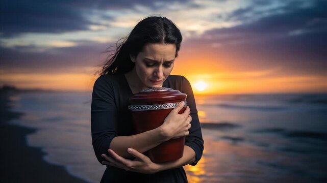 Grieving Woman Holds Urn on Beach at Sunset, Crying Beautifully