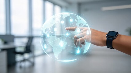 Business professional interacting with futuristic global network interface,wearing smartwatch and touching holographic world map with connected user icons in modern office environment