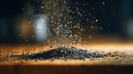 Freshly Ground Pepper Falling on Wooden Surface with Macro Shot.