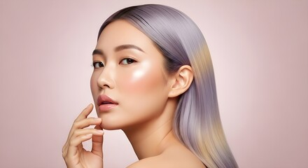 美しい肌とパープルからブロンドへのグラデーションヘアを持つアジア人女性のポートレート。透明感のあるメイクとハイライトが特徴で、美容、スキンケア、ヘアカラーの広告に最適です。